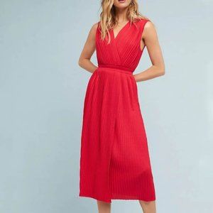 Tracy Reese Red V Neck Pleated Midi Dress